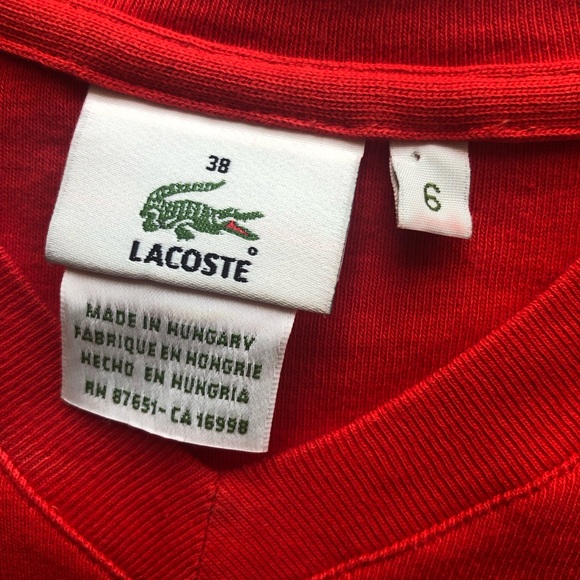 Lacoste Girls Size 38 (6) (XS-S) Red V-Neck T-Shirt Short Sleeves Logo Casual - Picture 3 of 15